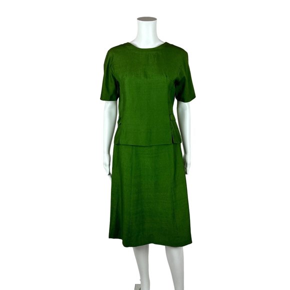 Vintage 70s Suit Set Women's Extra Small Solid Green Silk Blend Skirt Top Busine - Picture 2 of 10